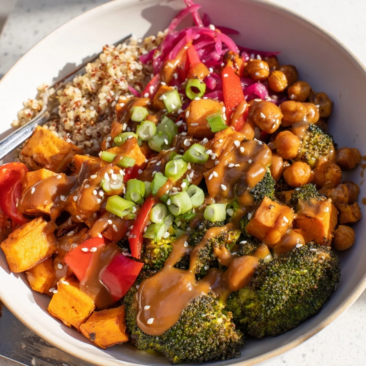 Deliciously customizable Bold Sauce Drizzle Bowls with roasted vegetables and fresh greens.
