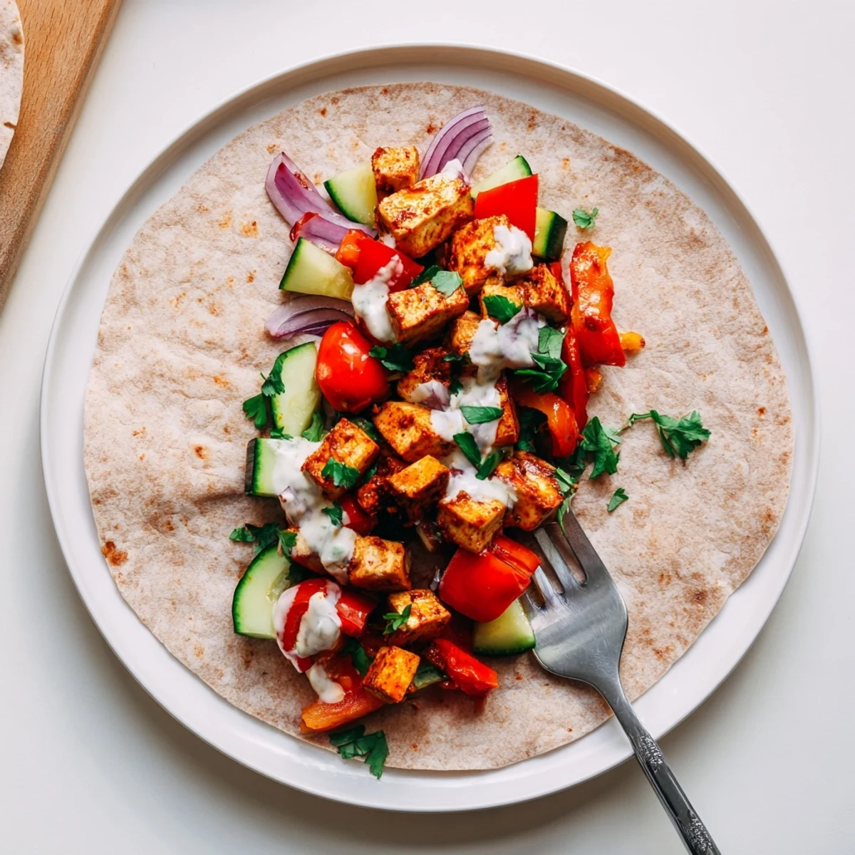 Healthy fusion vegan viral recipe in whole wheat wraps with creamy tahini sauce.