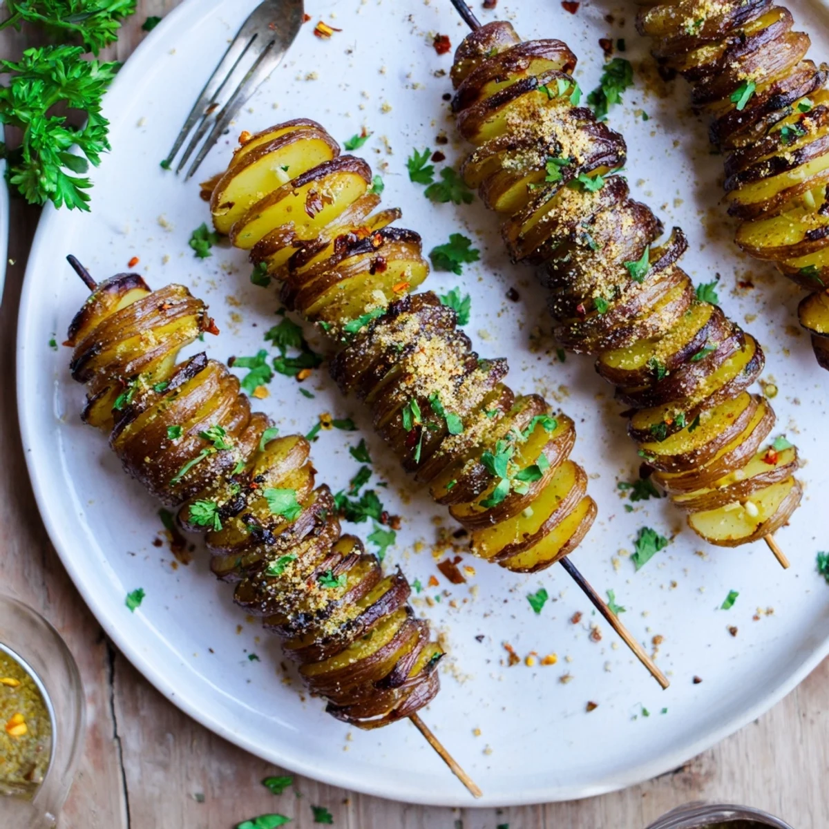 Crispy air-fryer tornado potatoes on skewers, perfectly seasoned and golden brown.  