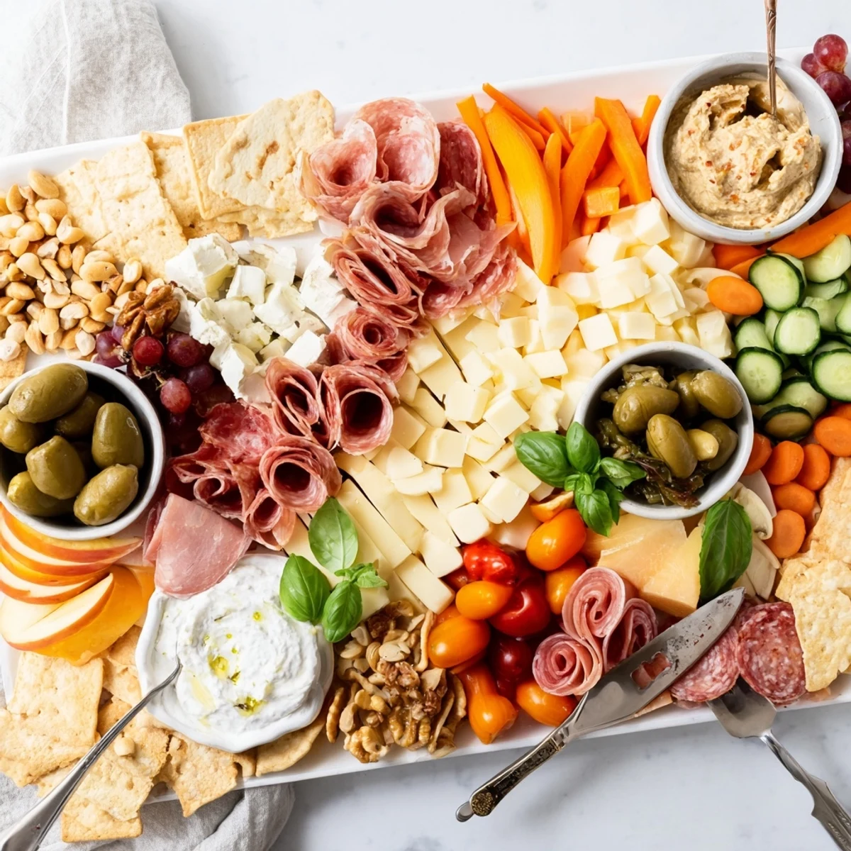 Indulge in a delightful Girl Dinner Platter filled with colorful snacks and savory spreads.  