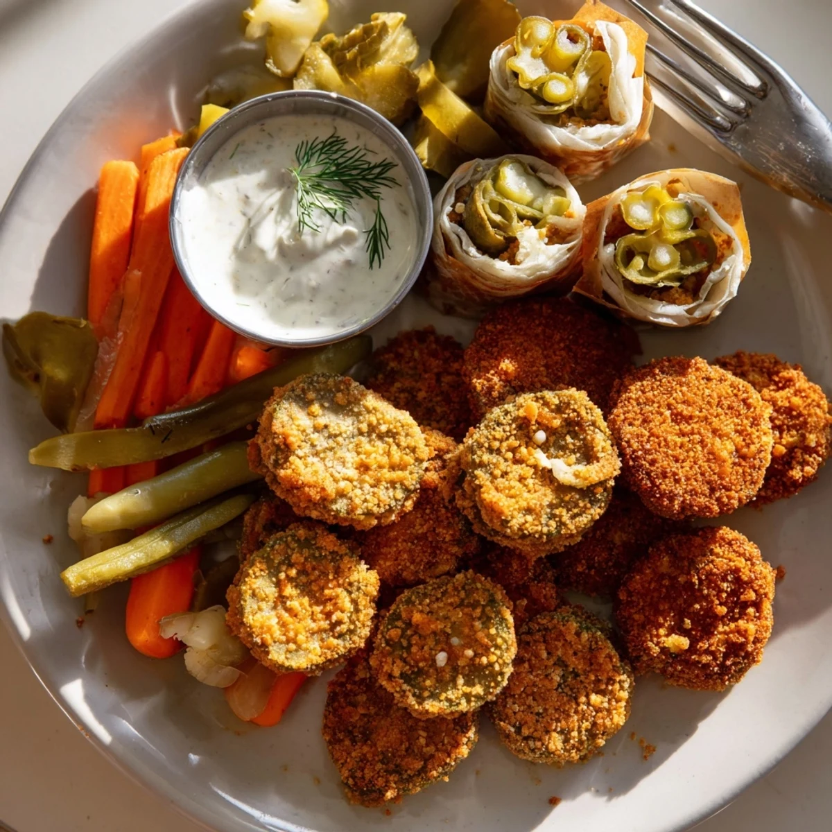 Crispy fried pickles served with tangy ranch dipping sauce for the Pickle Lovers Meal.  