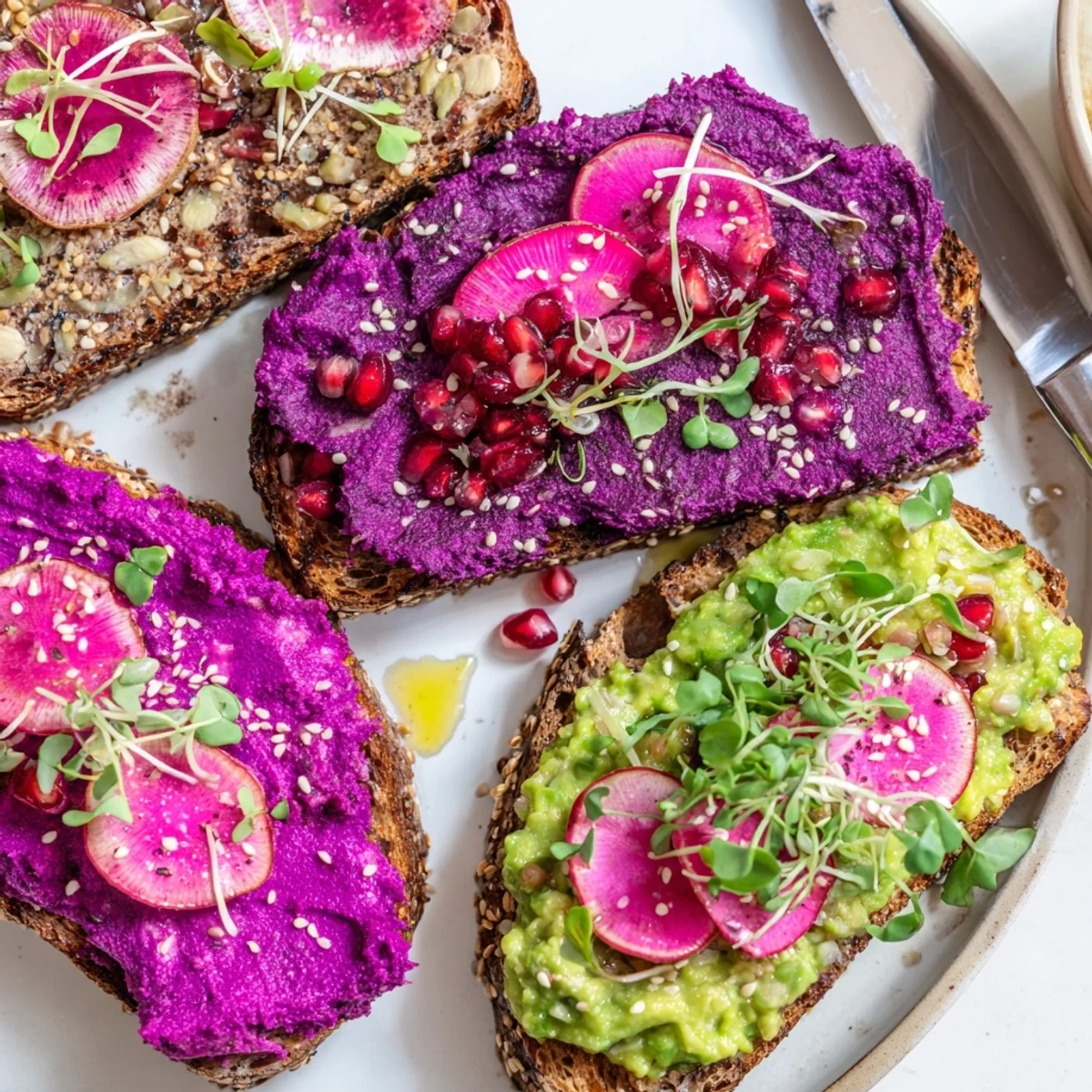 Vibrant Bright & Bold Breakfast Toasts topped with ube, avocado, and fresh radishes.  