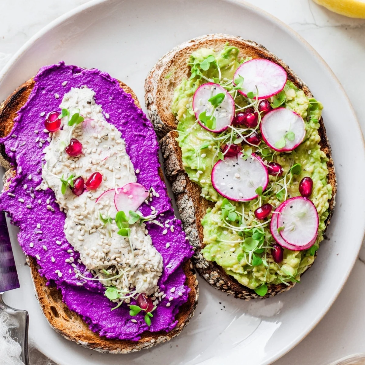 Colorful breakfast toasts featuring creamy ube and ripe avocado for delightful mornings.  