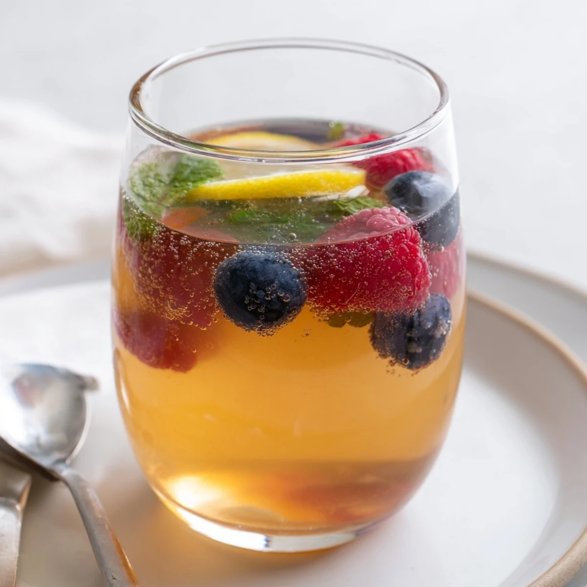 Refreshing Kombucha-style home-brew mocktails filled with vibrant berries and herbs.