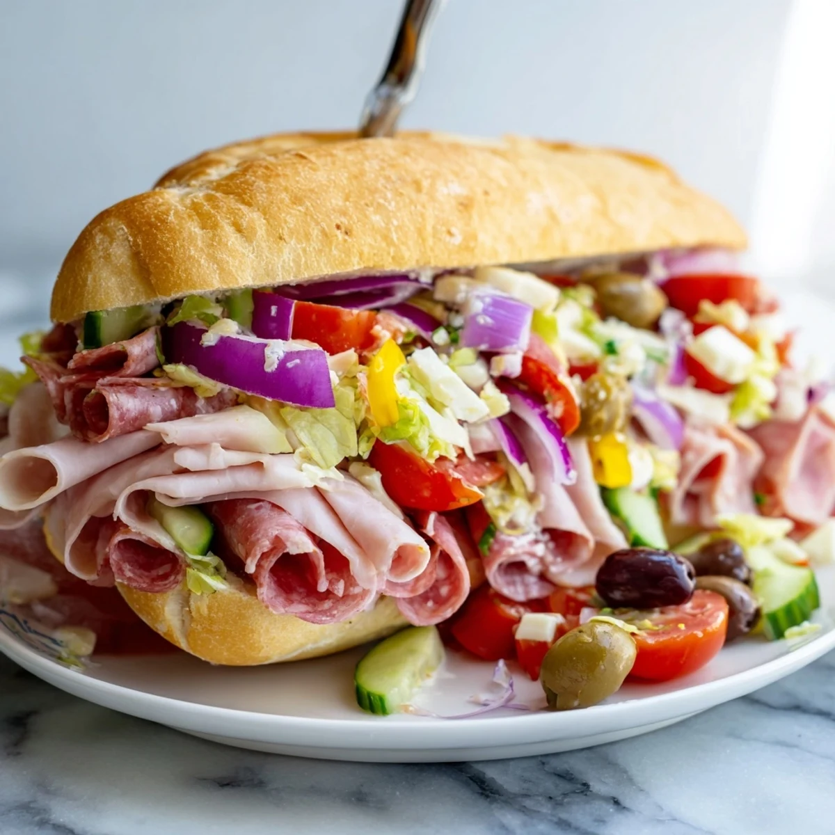 Delicious Flavor Mash-Up Sandwiches stacked high with meats and fresh vegetables.  