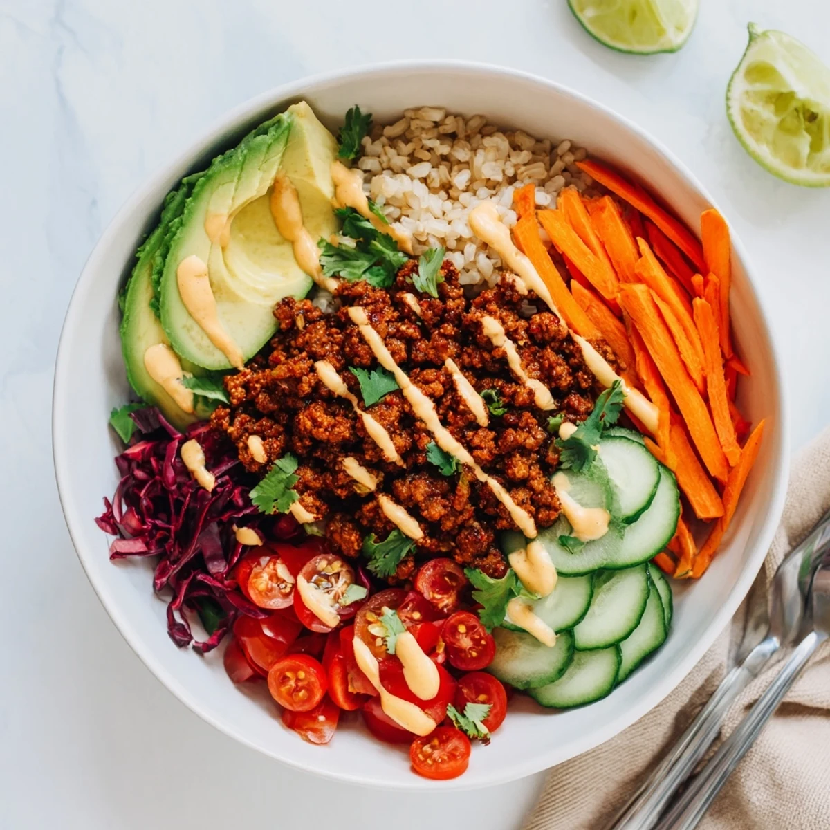 Hearty plant-based meat bowl featuring quinoa, colorful vegetables, and zesty flavors.