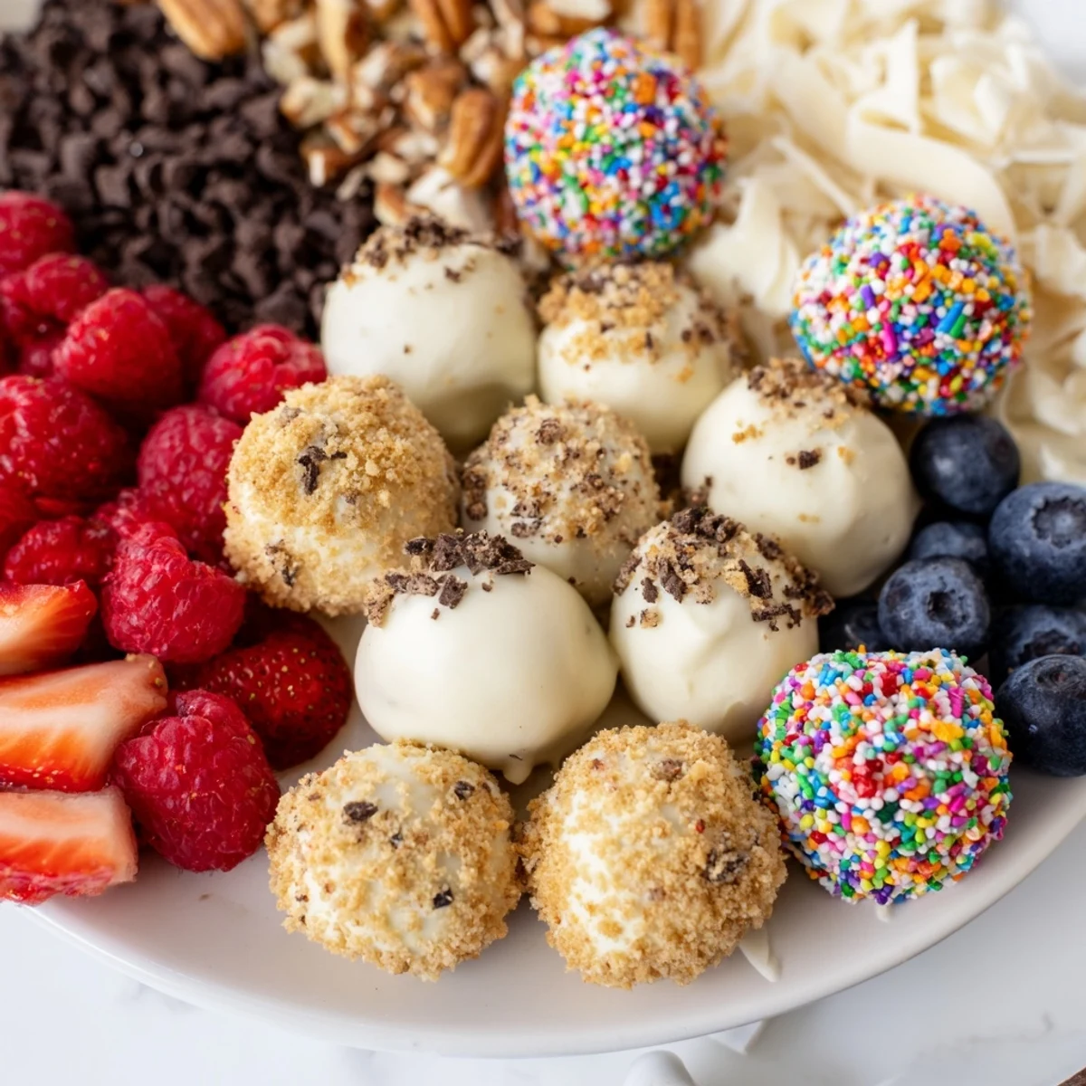 Delicious deconstructed dessert board showcasing creamy cheesecake bites and vibrant toppings.  