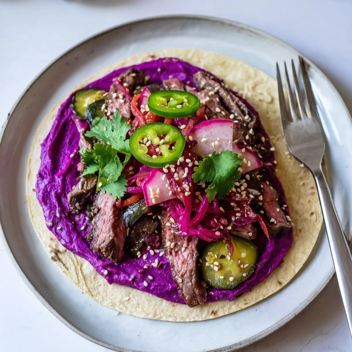 Vibrant Global Street-Food Fusion Tacos topped with creamy ube and fresh veggies.  