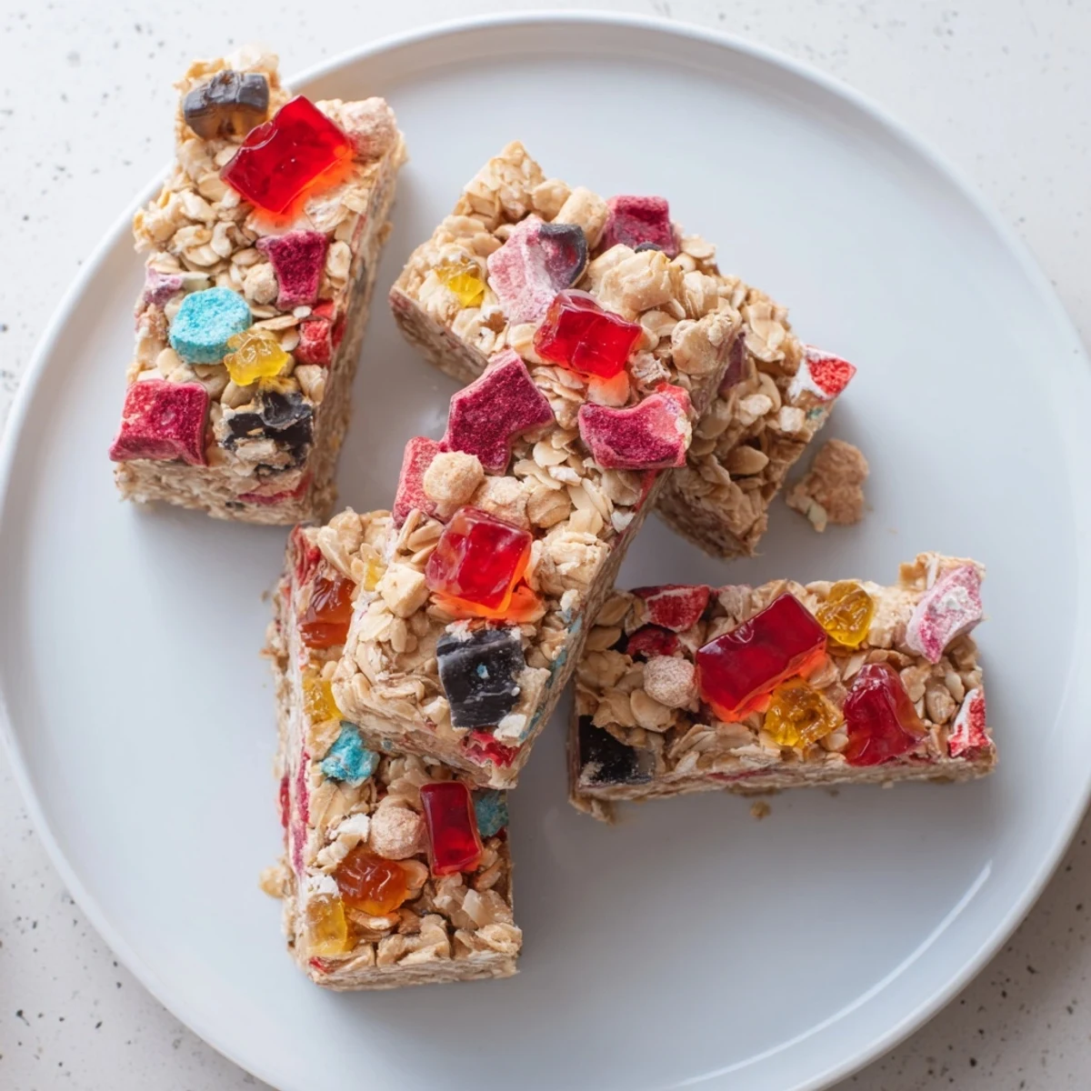 Colorful DIY snack bars topped with chewy homemade gummies and freeze-dried candy.  