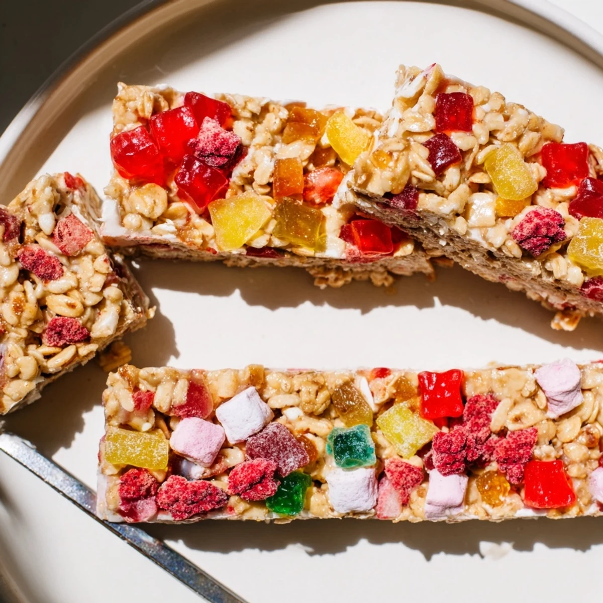 Chewy homemade gummies and crispy freeze-dried treats blend in these snack bars.  