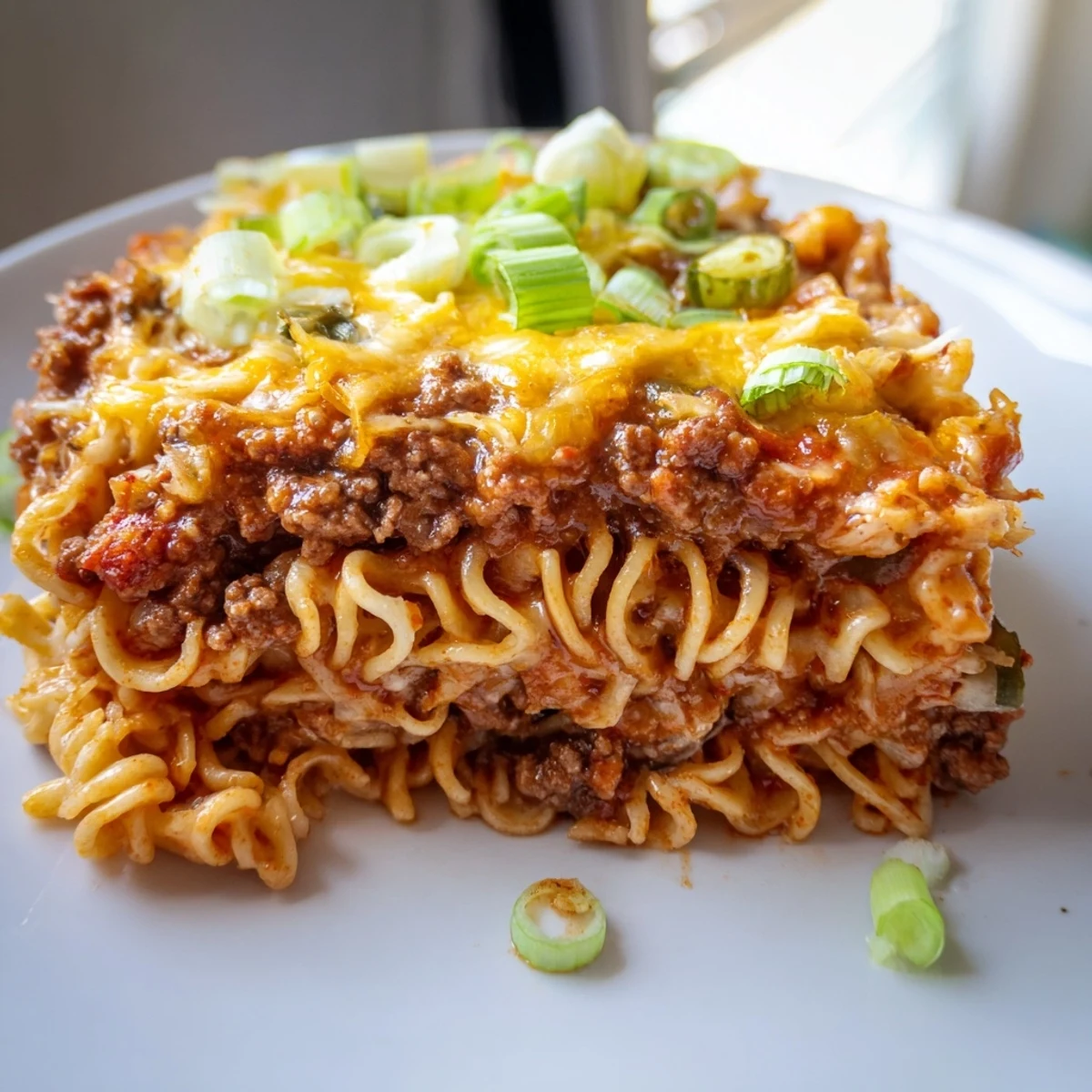 A comforting Spicy Ramen Lasagna featuring golden cheese over flavorful spicy meat sauce.  