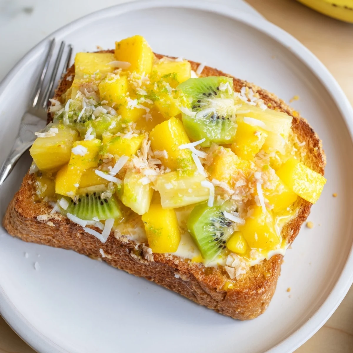 Creamy yogurt-custard toast topped with vibrant tropical fruits and shredded coconut.  