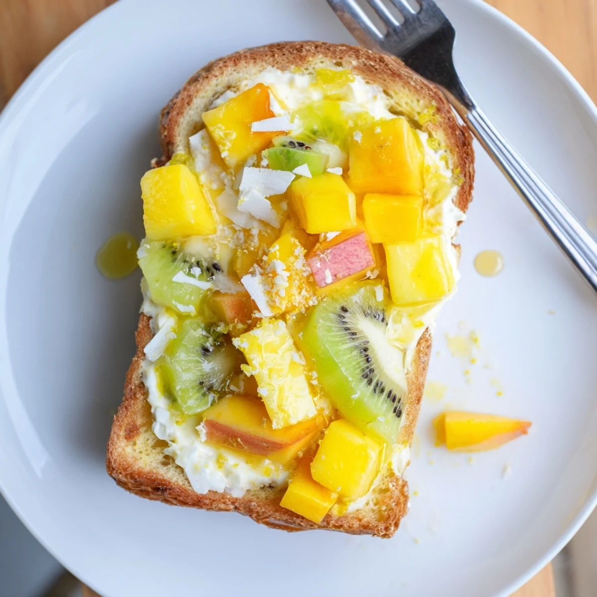 Deliciously crispy coconut yogurt-custard toast, beautifully garnished with mango and kiwi.