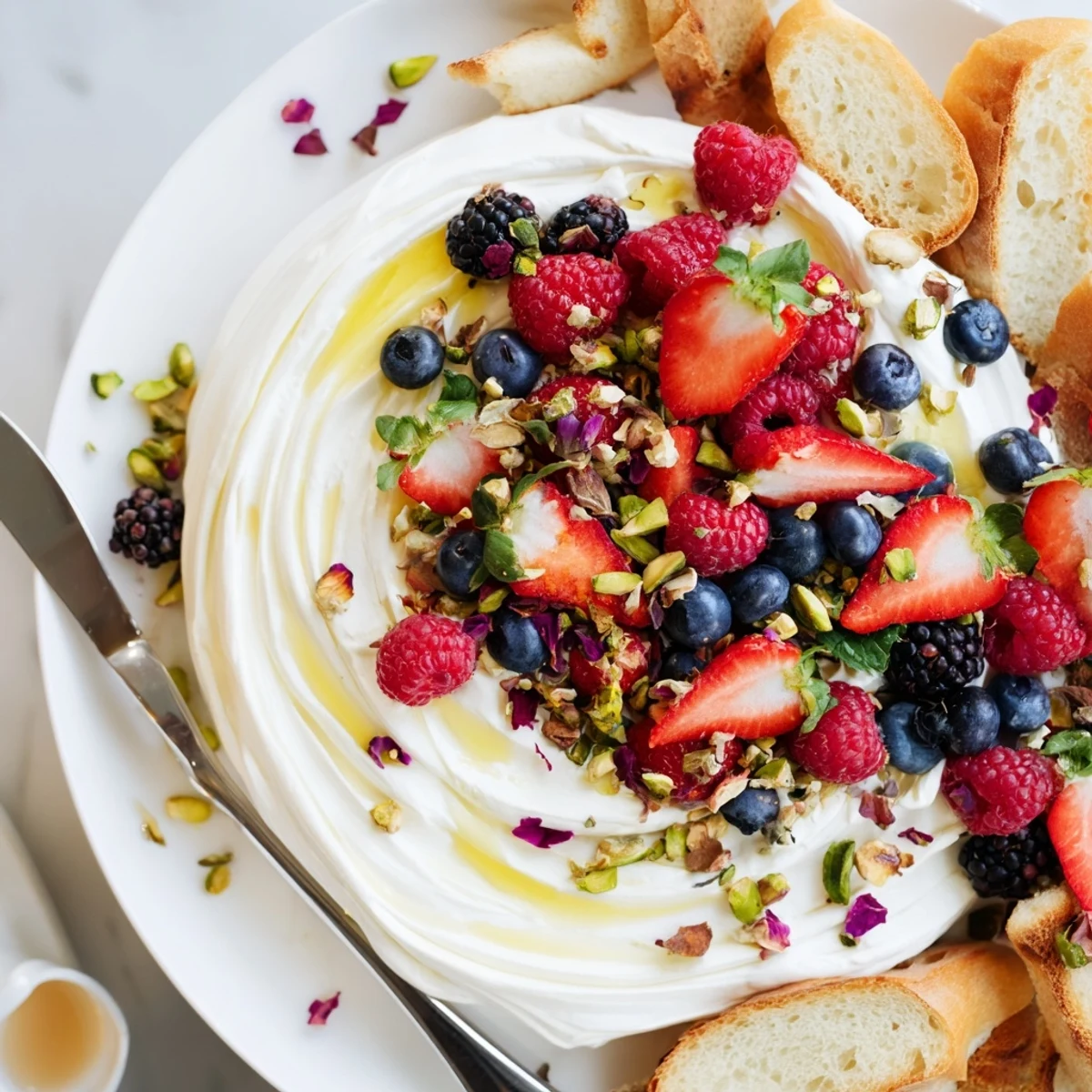 Visually stunning Butter Board Dessert with creamy cheese and vibrant mixed berries.  