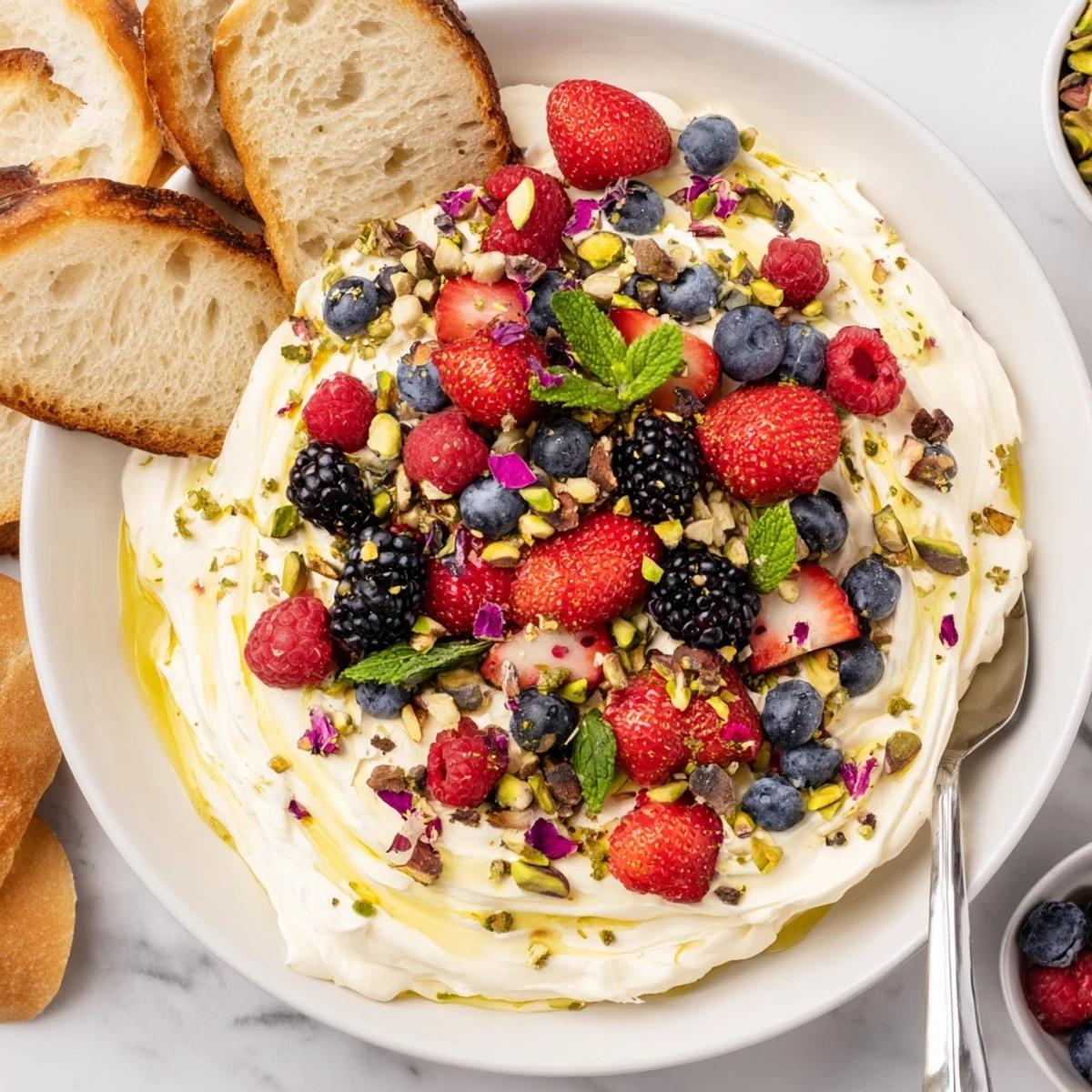 Delicious Butter Board Dessert version topped with fresh berries and crunchy nuts.  