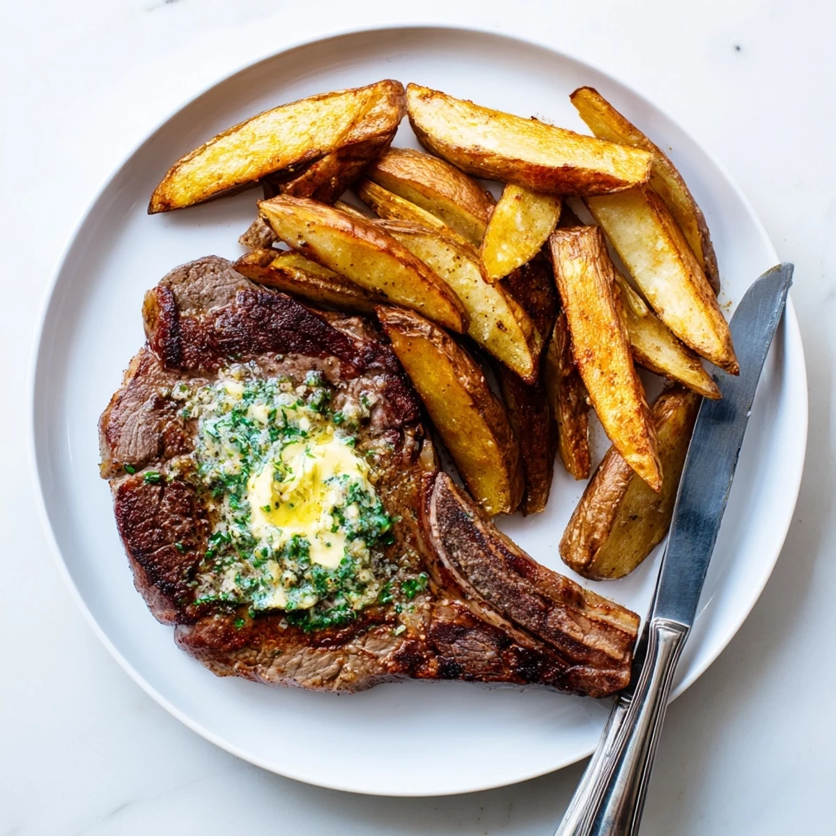 Perfectly seared Steakhouse Garlic Butter Steak drizzled with herbed garlic butter.  