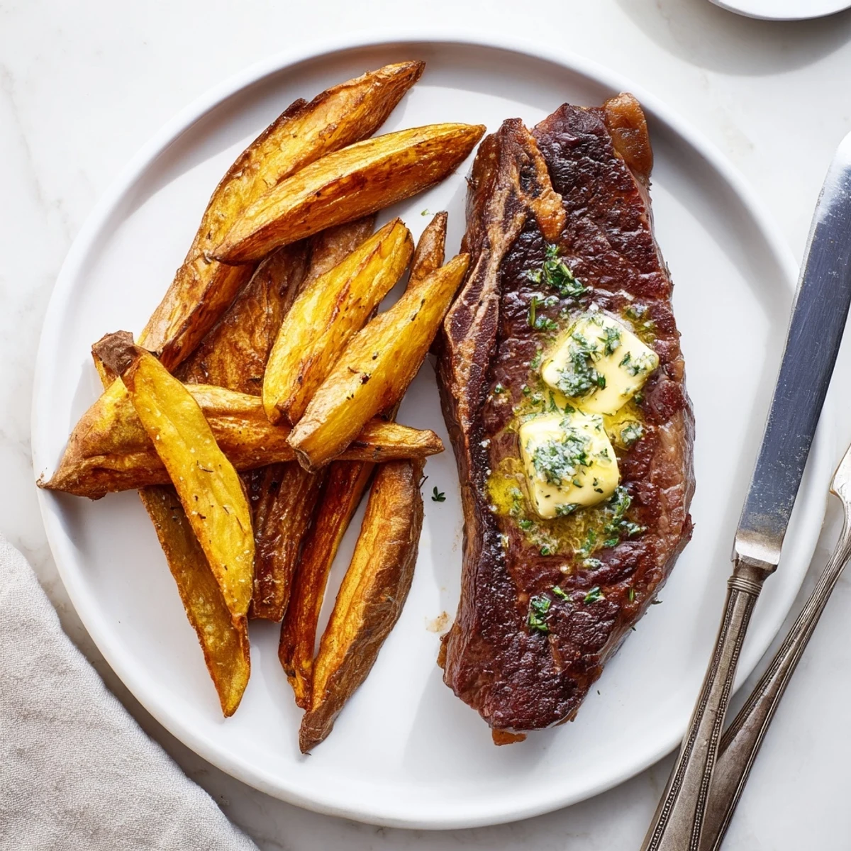 Indulgent Steakhouse Garlic Butter Steak accompanied by fresh, homemade golden fries.