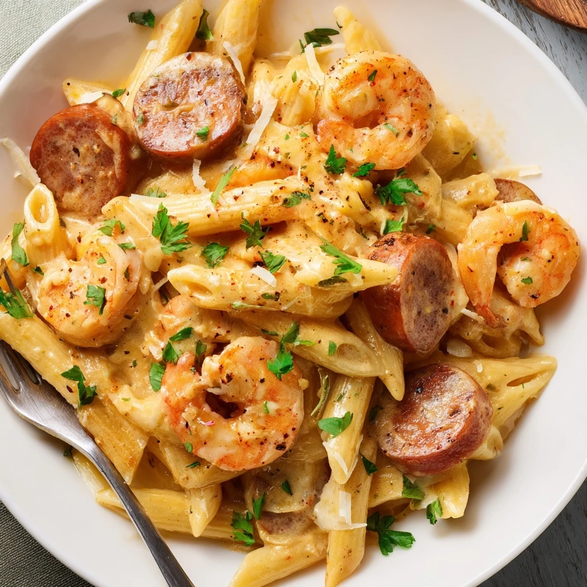 Creamy Cajun Sausage & Shrimp Alfredo Pasta Skillet served with fresh parsley garnish.  