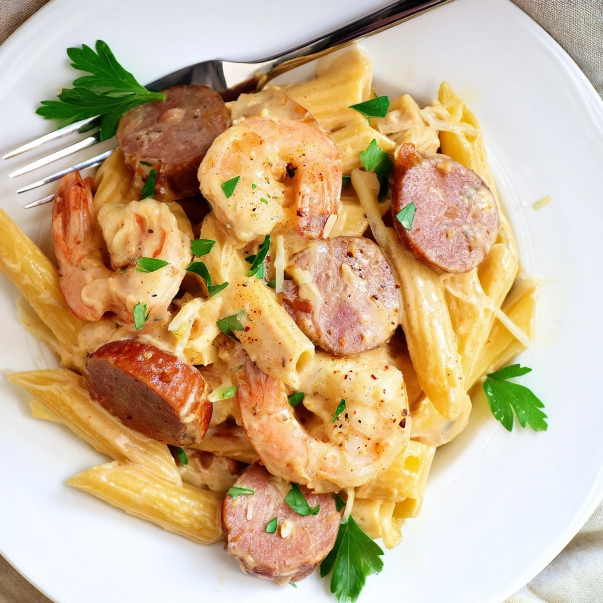 Spicy Cajun Sausage & Shrimp Alfredo Pasta Skillet in a rich, creamy sauce.  
