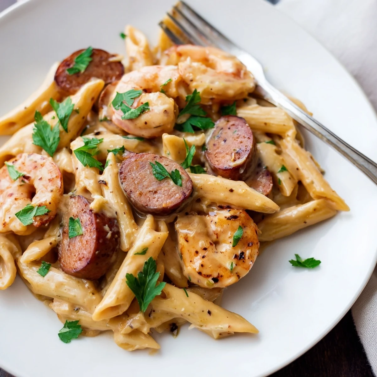 Delicious Cajun Sausage & Shrimp Alfredo Pasta Skillet ready for cozy weeknight dinners.