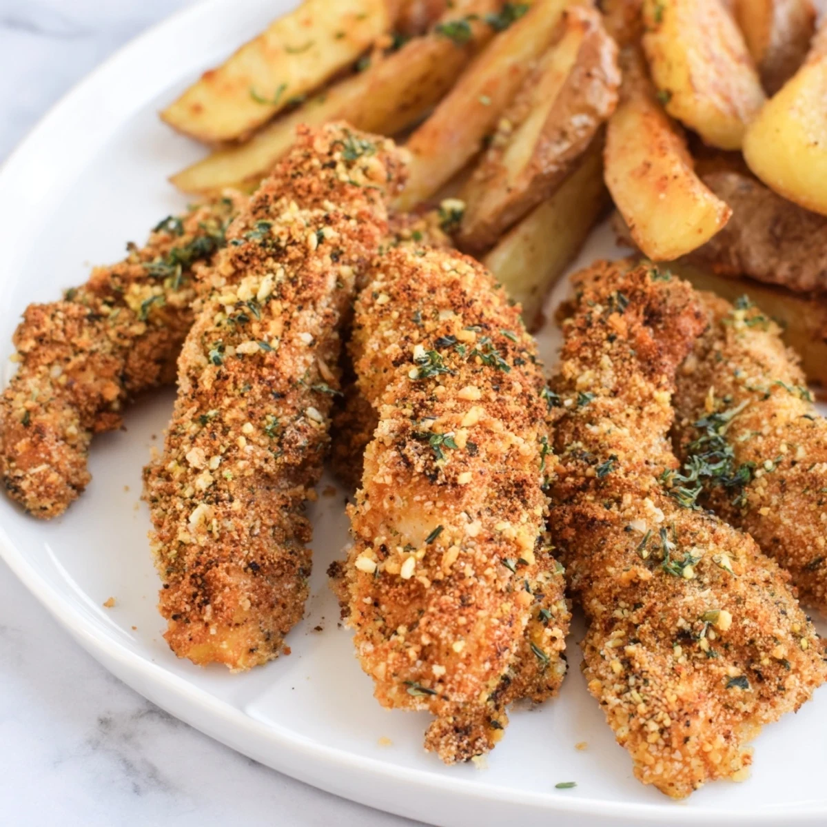 Crispy potato wedges alongside fragrant herbed chicken tenders, perfect for weeknight dinners.  