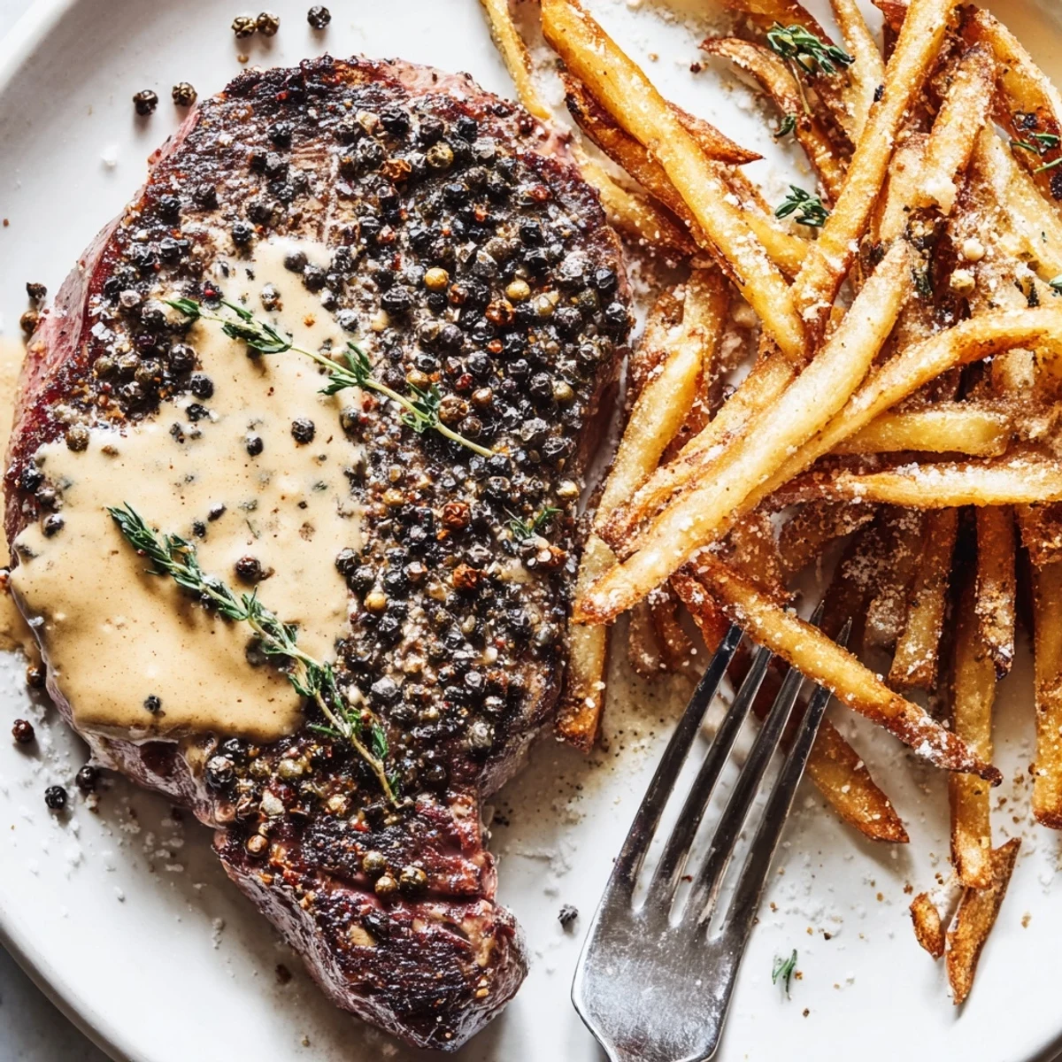 Juicy Classic Peppercorn Ribeye topped with creamy sauce and crispy golden fries.  