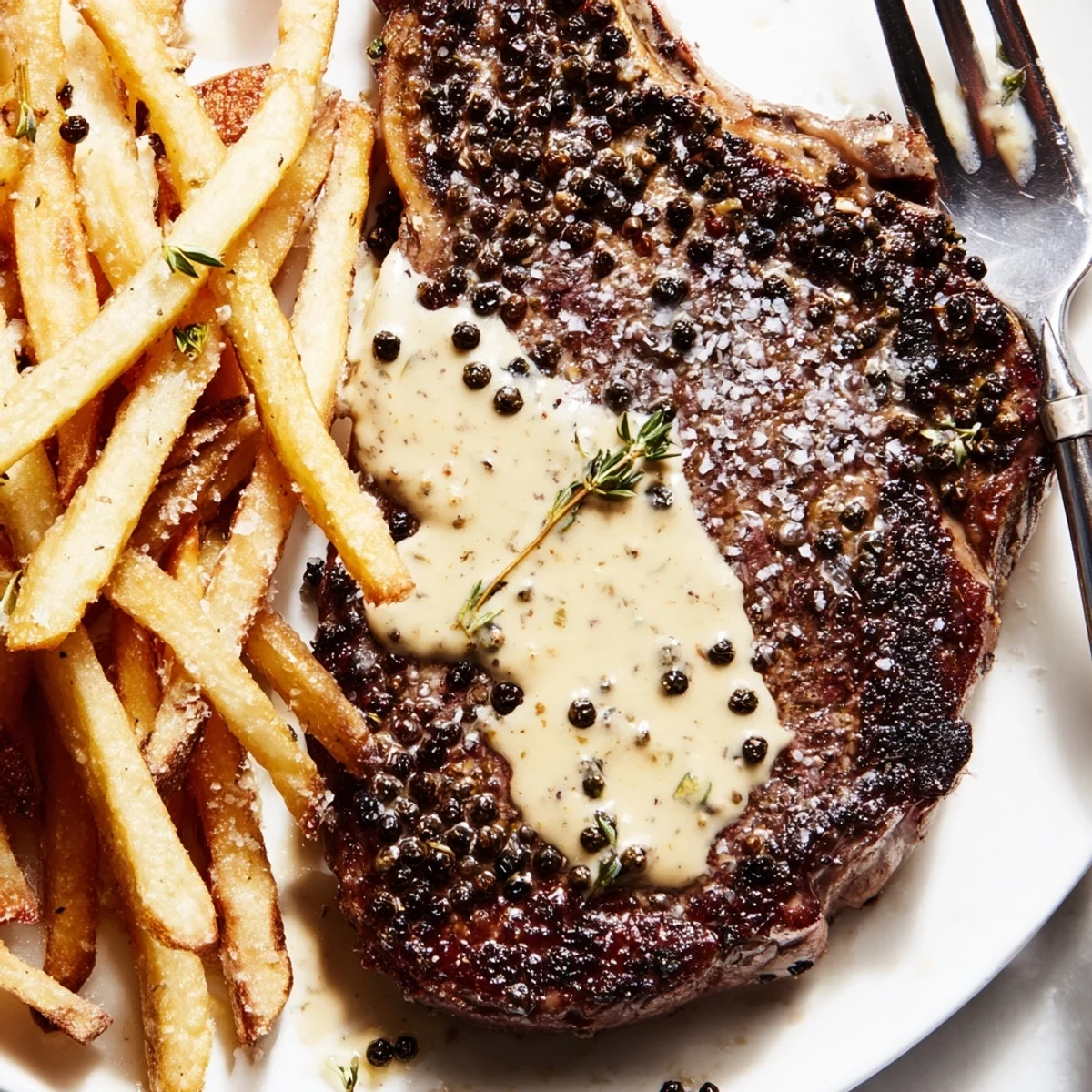 Sumptuous Classic Peppercorn Ribeye steak alongside golden, crispy fries for a delightful dinner.
