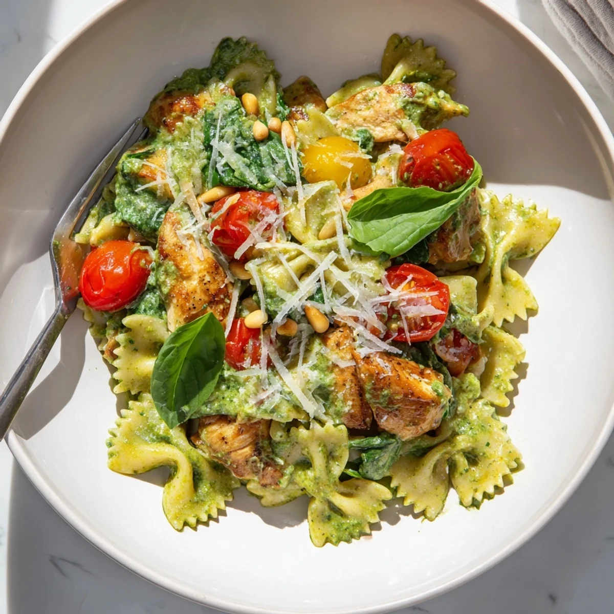 Delicious Pesto Chicken Bowtie Pasta, featuring tender chicken and rich basil flavor, served warm.
