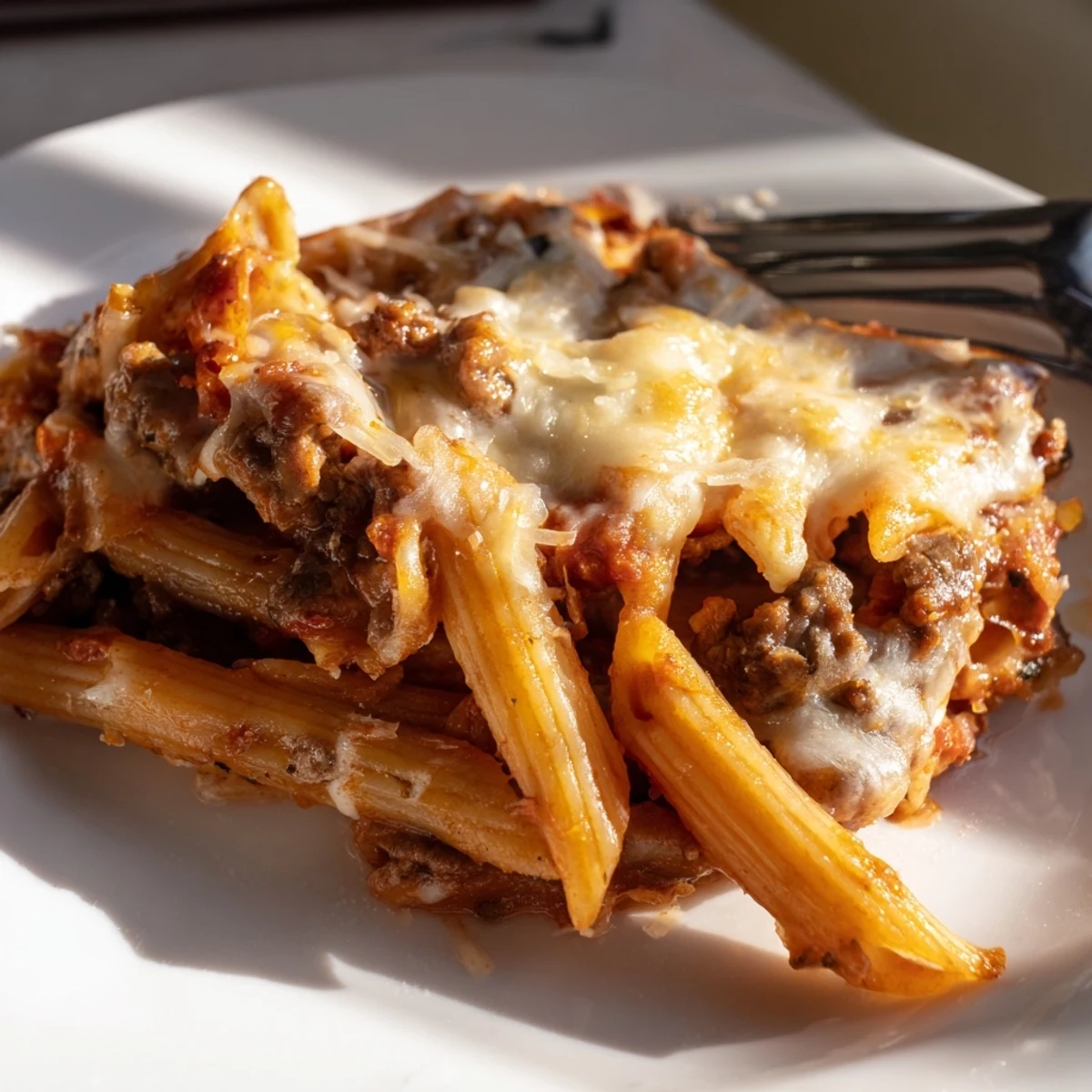 Delicious Cheesy Beef & Penne Bake served hot, perfect for cozy family dinners.  