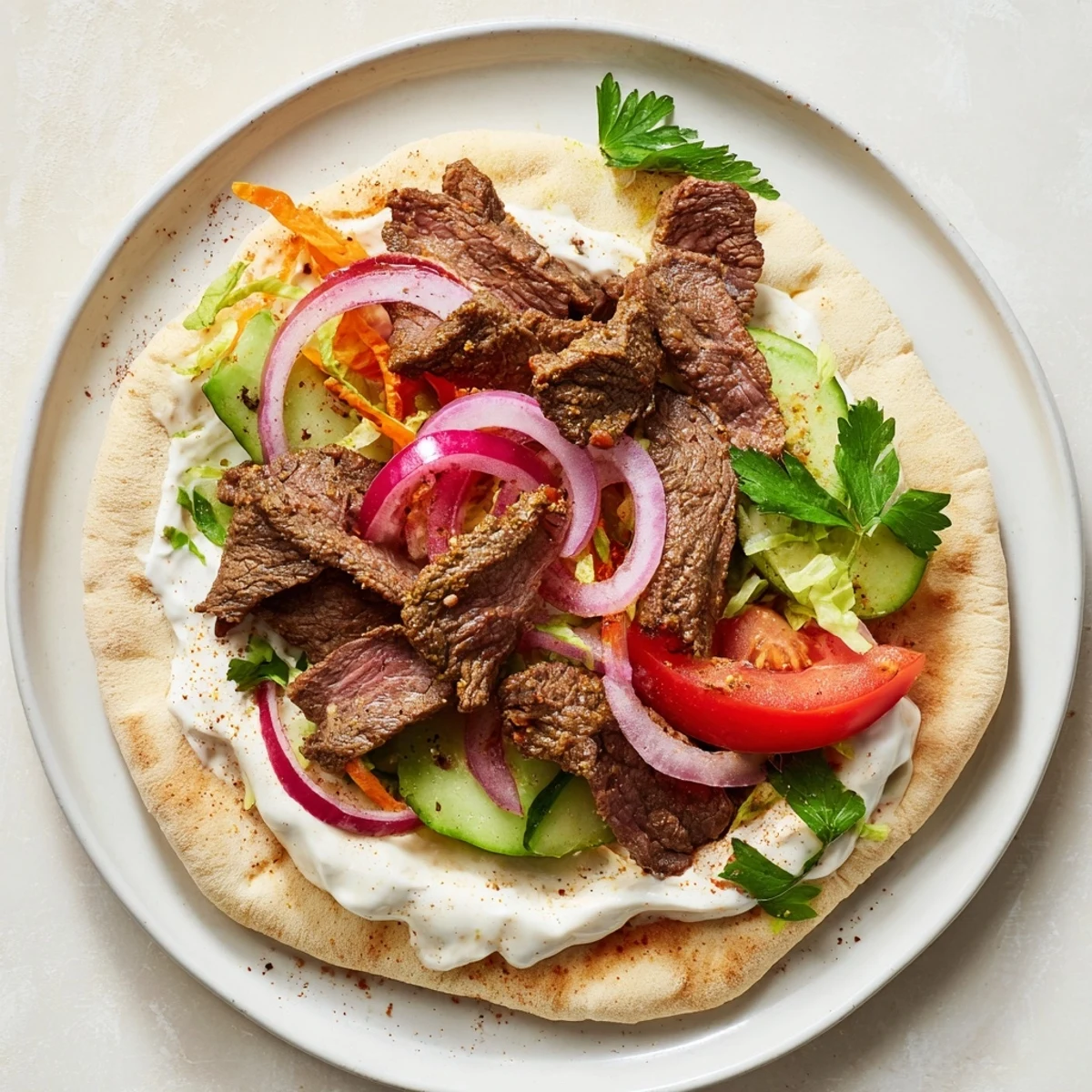 Close-up of golden-brown Beef Shawarma, ready to be wrapped in soft warm flatbread.