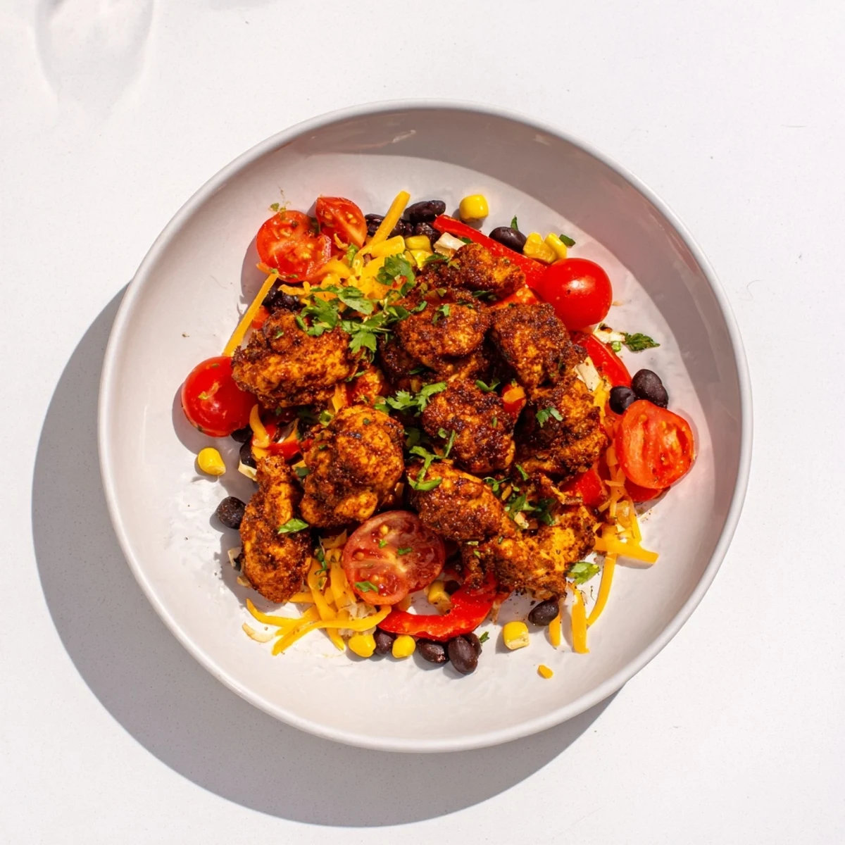 Close-up of Sheet Pan Chicken Burrito Bowls, piled high with colorful toppings, a delicious, easy meal.