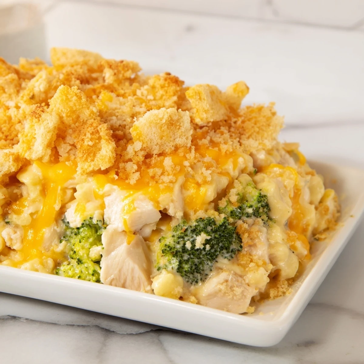 Chicken & Broccoli Cheddar Bake bubbling hot, with a melted cheddar and breadcrumb topping.