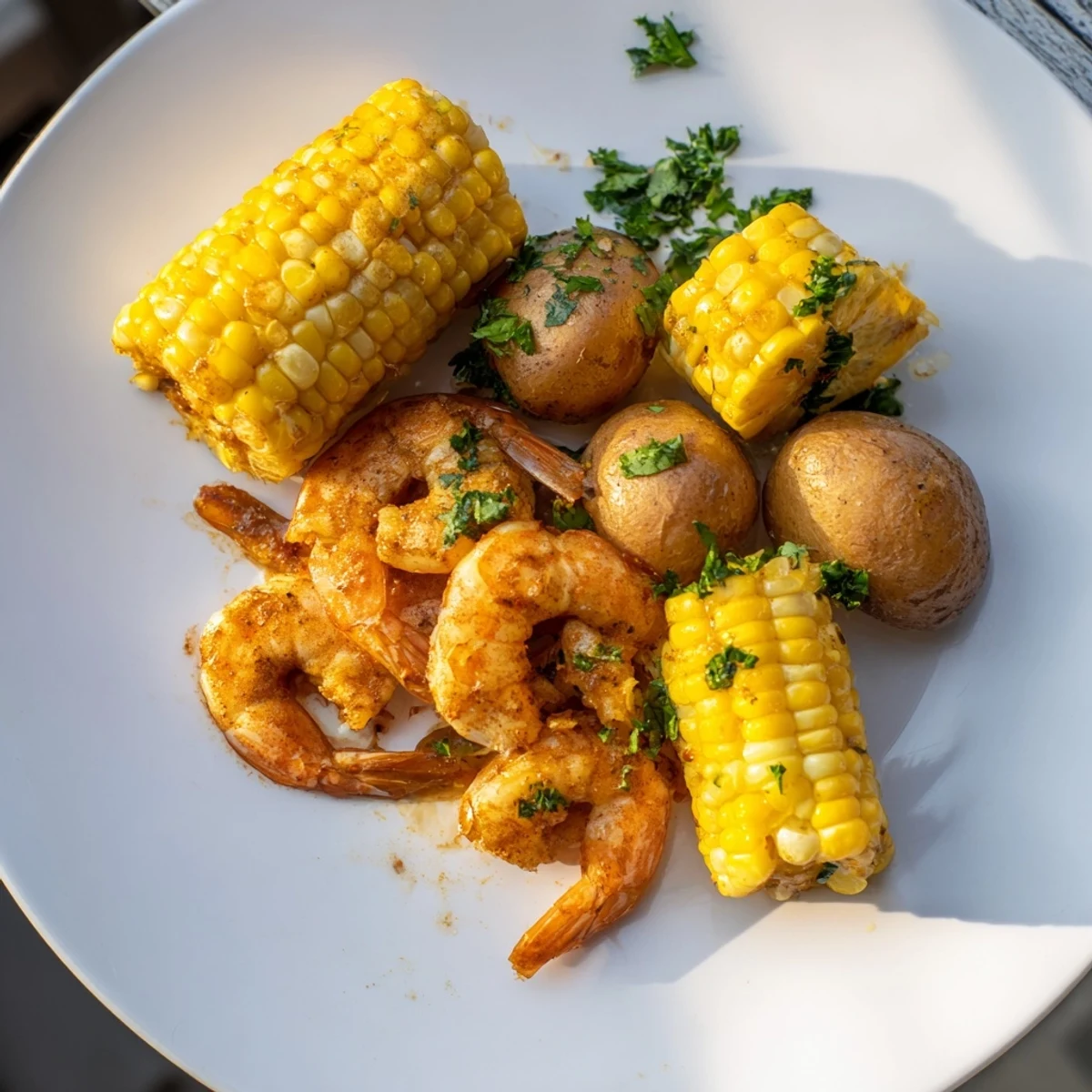 Plate of Cajun Shrimp & Sweet Corn glistening with butter, alongside roasted potatoes and bell peppers, ready to eat.