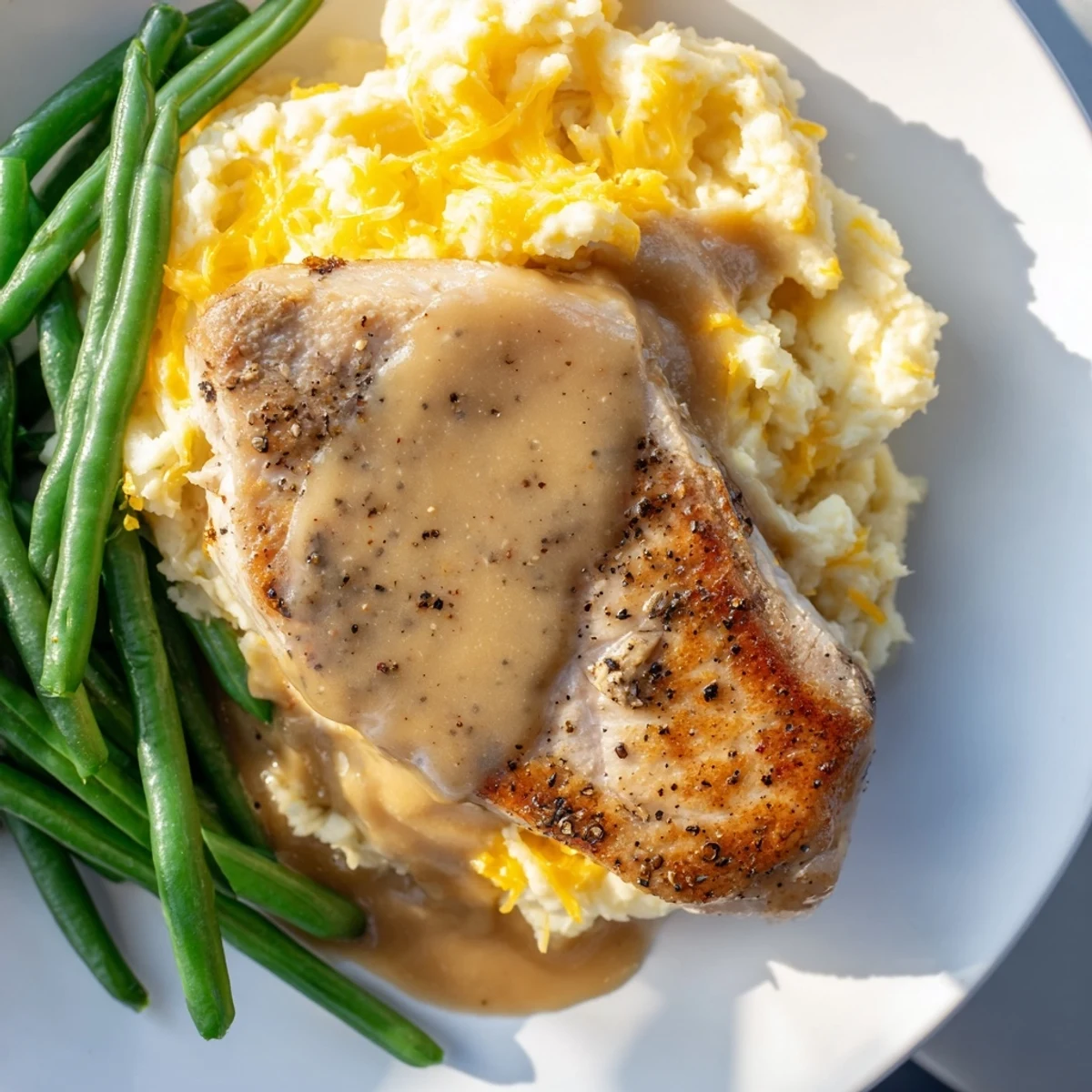 A close-up of the Pork Chops & Cheddar Mash Bowl displays the delicious, colorful components for a satisfying dinner.