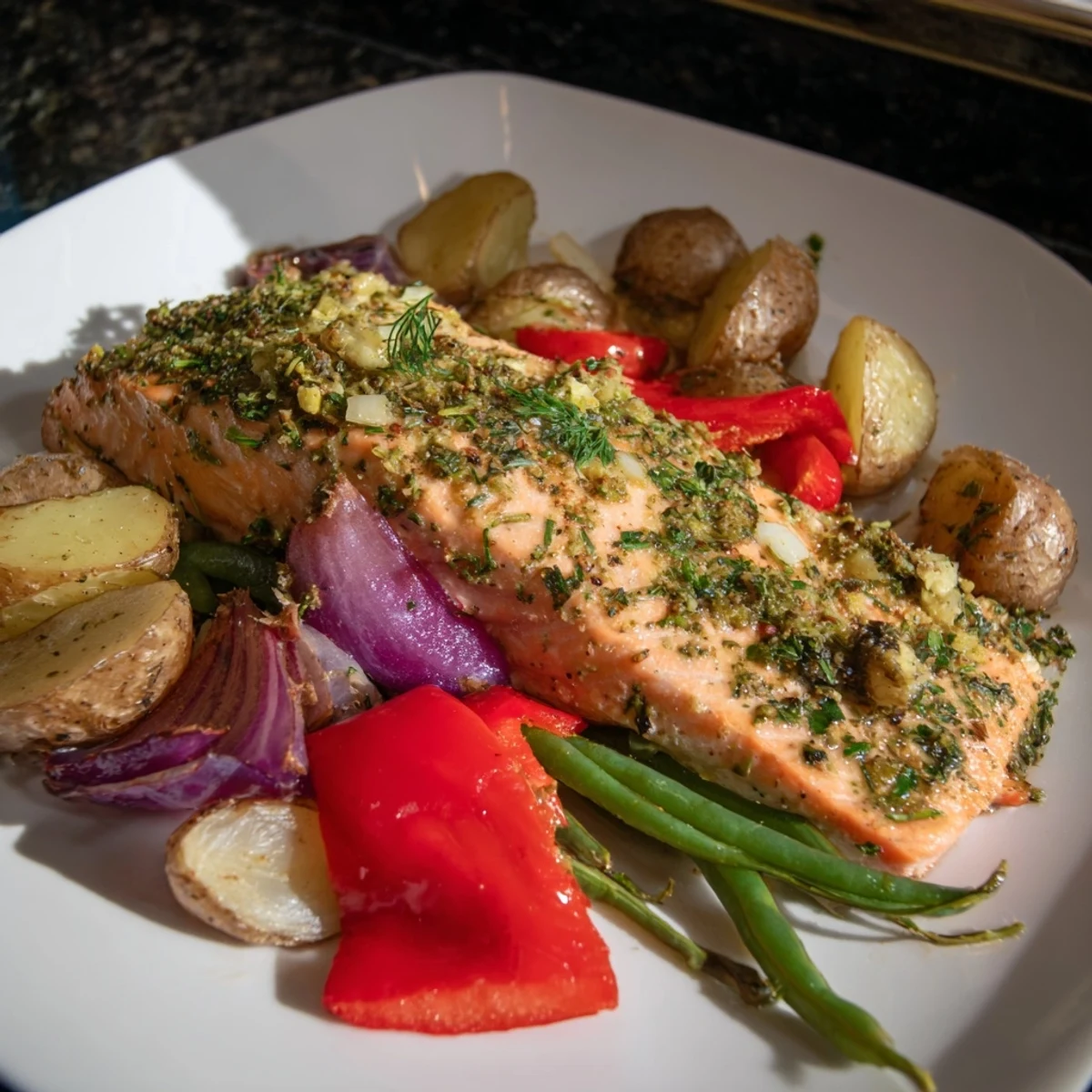 Golden brown Lemon Herb Salmon & Potato Sheet Pan with juicy salmon and roasted vegetables.