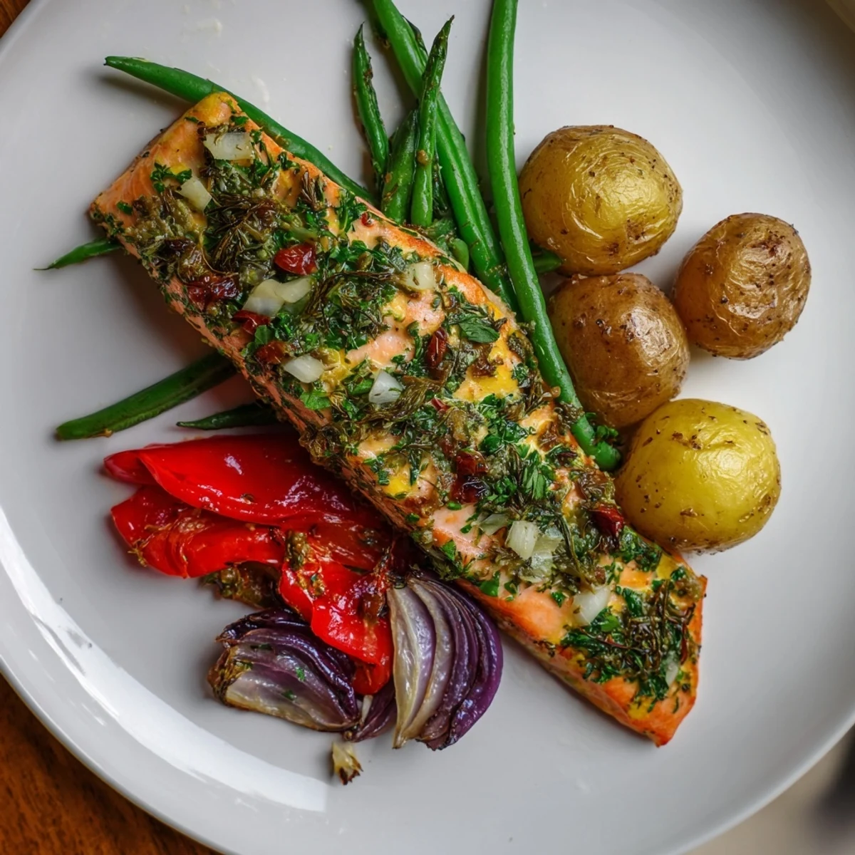Image shows a close-up of fragrant Lemon Herb Salmon & Potato Sheet Pan, perfect for a balanced dinner.