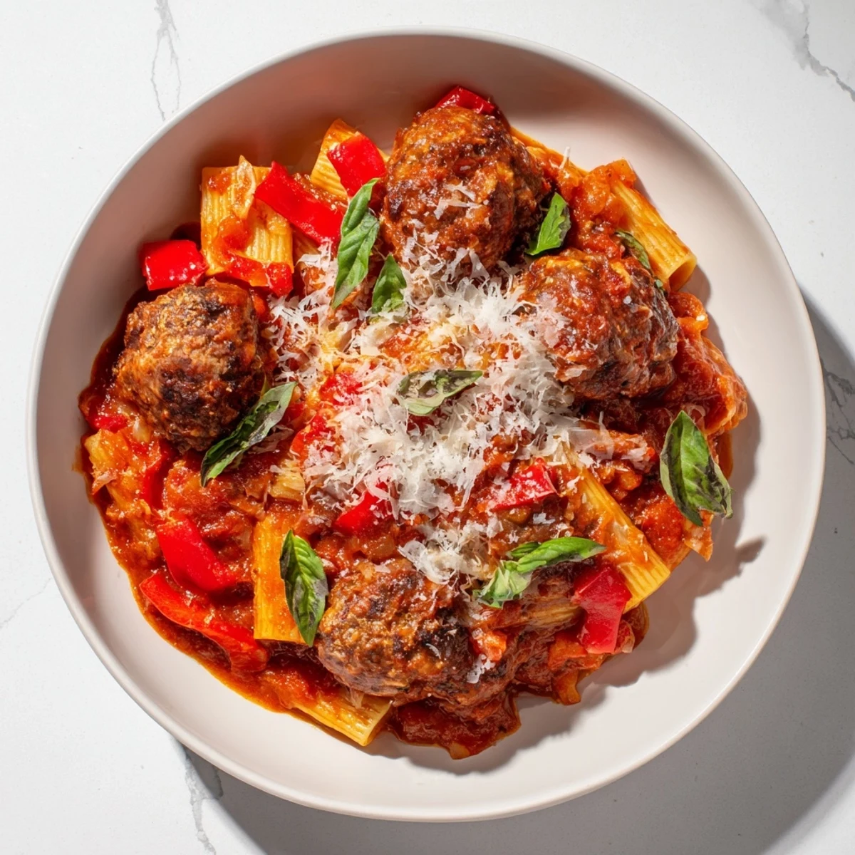 Steaming hot Italian Meatball Pasta Skillet, with bubbly cheese topping and vibrant basil garnish.