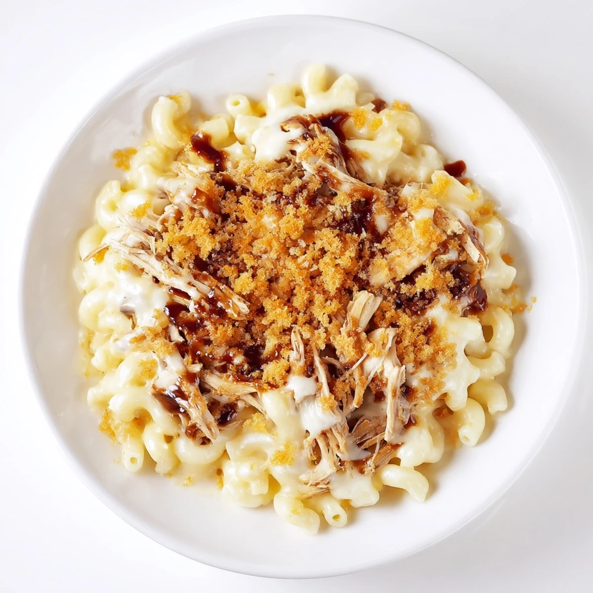 Classic mac & cheese with BBQ chicken: a bubbly, golden casserole with shredded chicken and cheesy goodness.