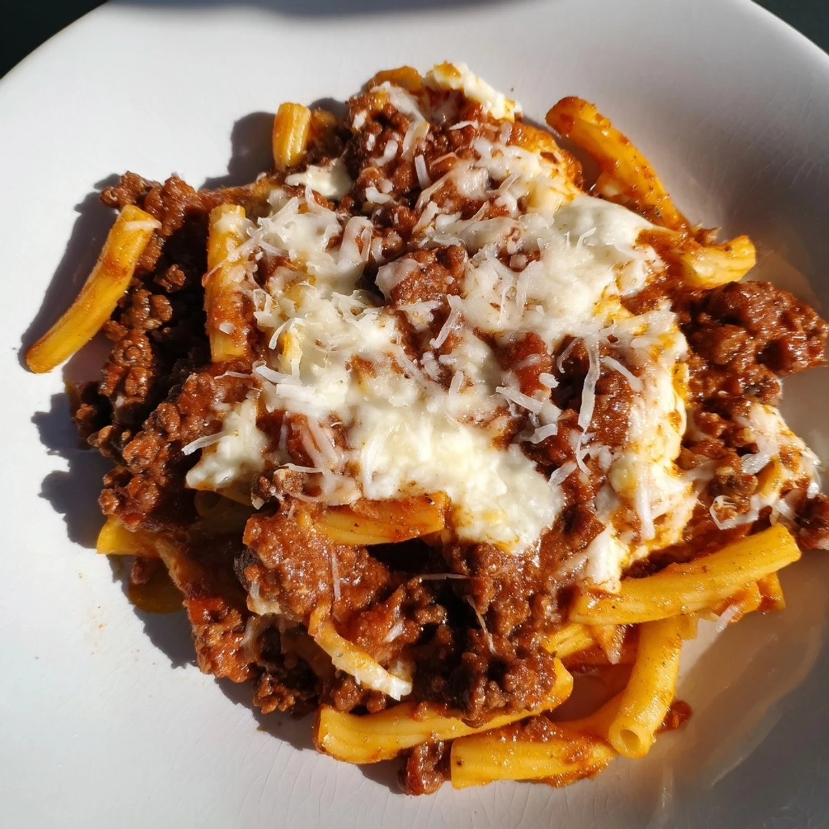 A bubbling baked ziti with melted mozzarella and rich meat sauce, ready to serve.