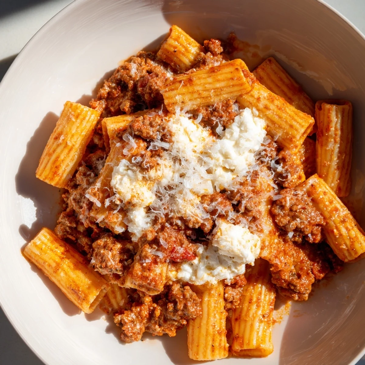 Golden brown topping of baked ziti with bubbling cheese and a flavorful meat sauce aroma.