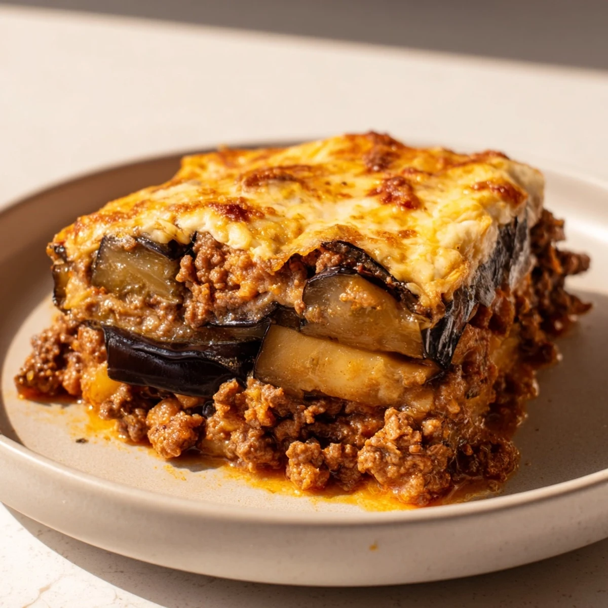 Golden-brown moussaka with layers of tender eggplant, rich beef, and creamy béchamel, ready to be served.