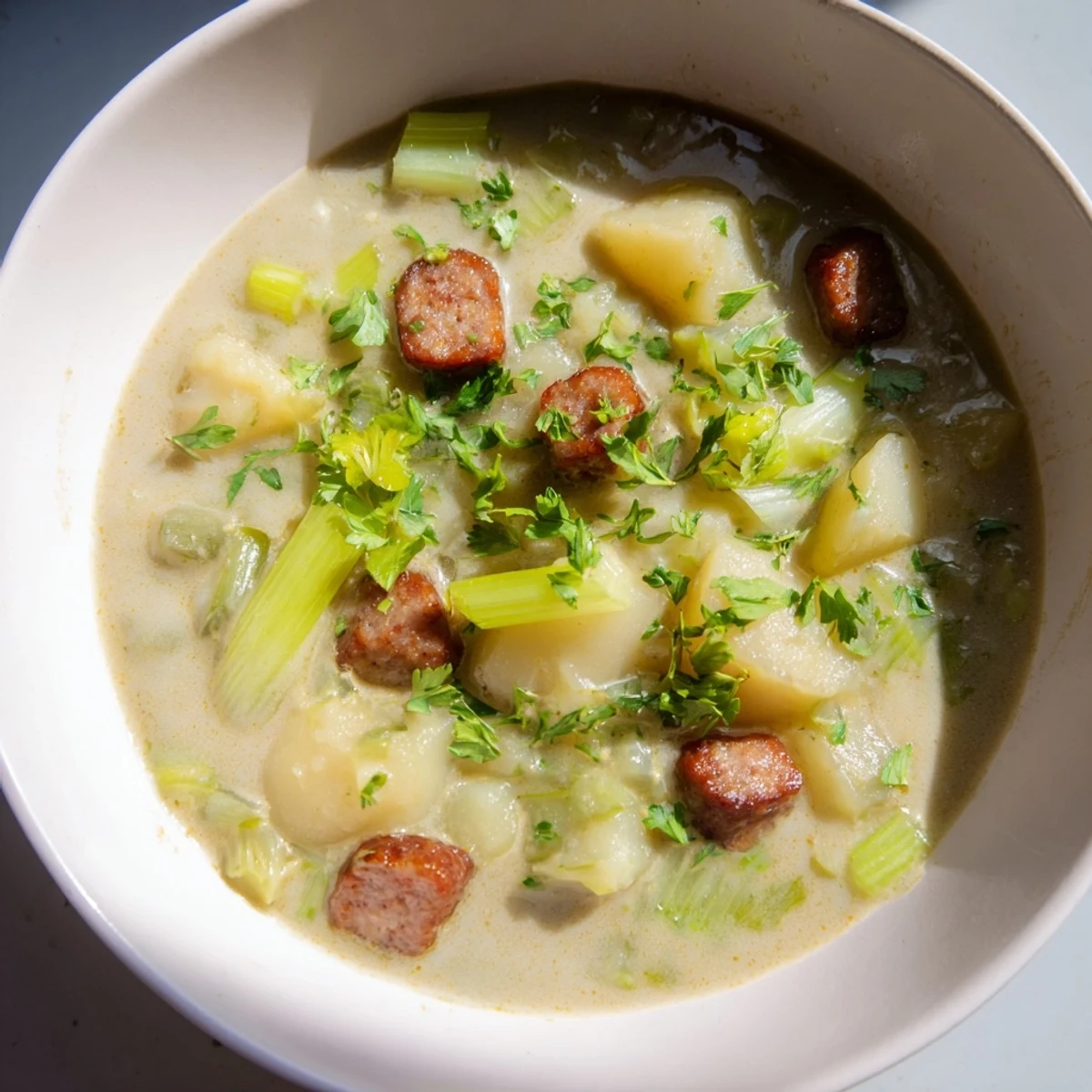 Creamy Potato, Leek & Chorizo Soup, rich with hearty flavors, served in a rustic bowl.