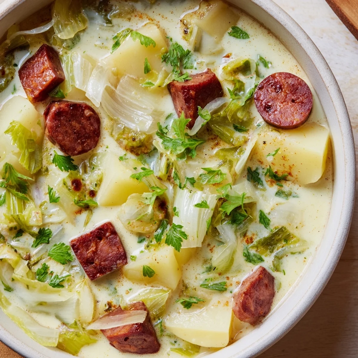 Garnished Potato, Leek & Chorizo Soup; bits of chorizo and parsley creating delicious textures.