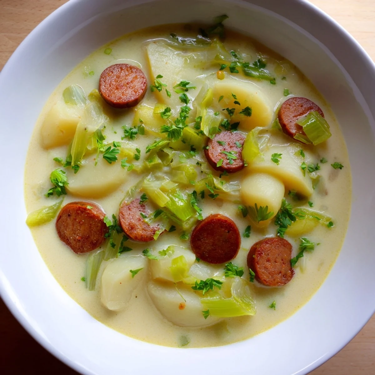 A steaming bowl of Potato, Leek & Chorizo Soup, ready to warm you on a chilly evening.