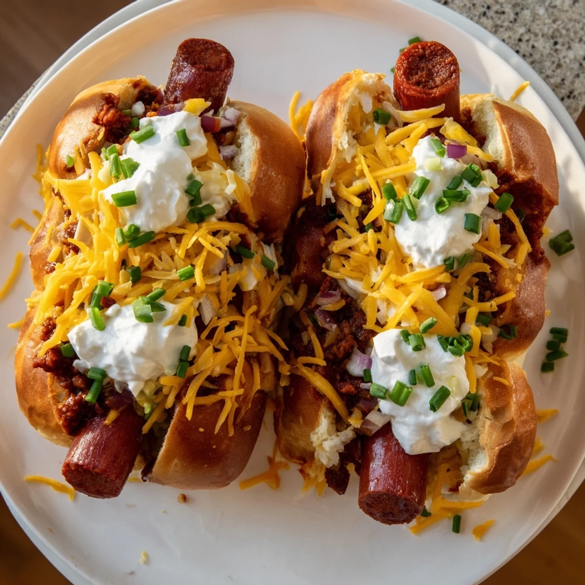 Steaming hot Chili Dog Casserole, bubbly with melted cheese, perfect for a cozy dinner.