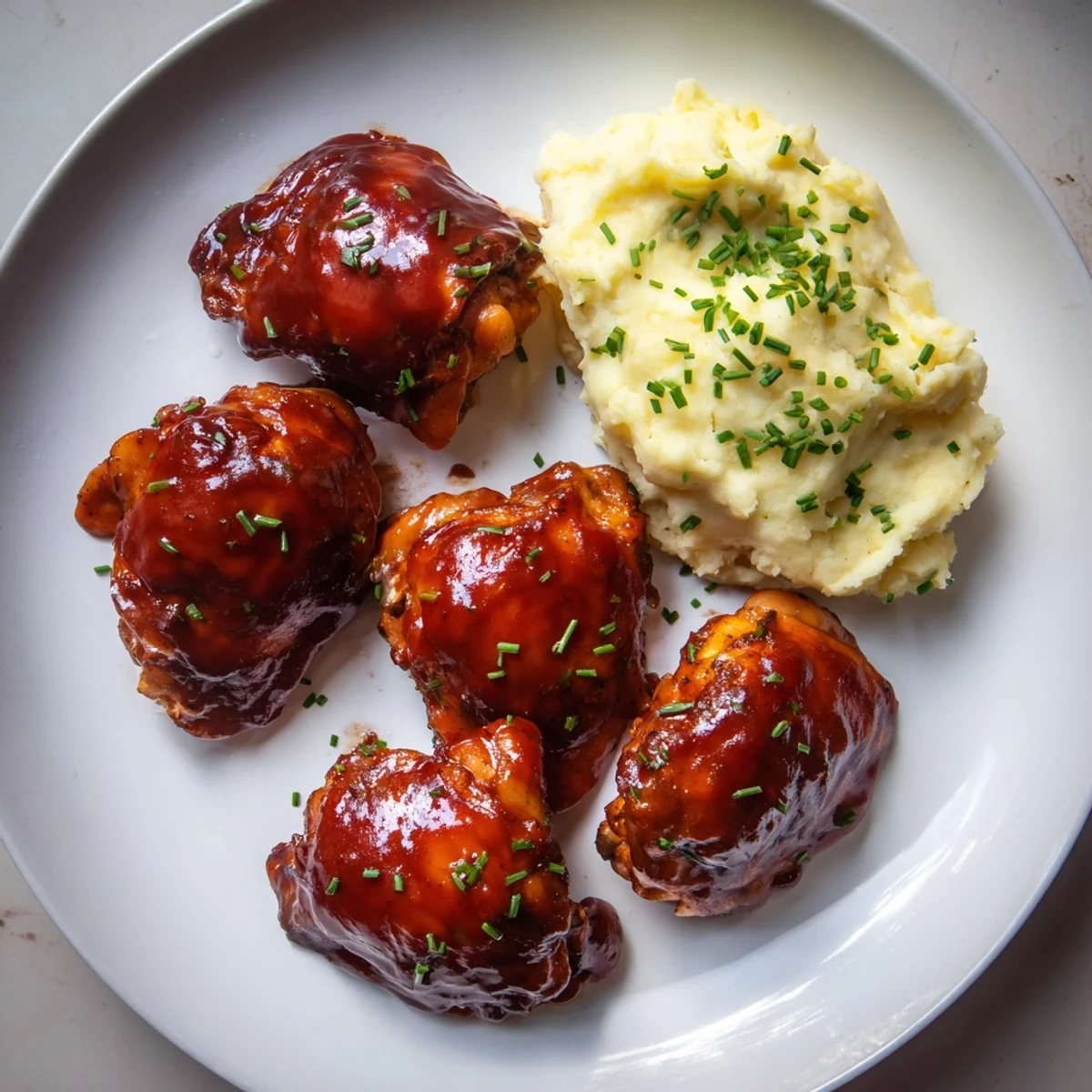 Tender chicken thighs with a caramelized honey BBQ glaze, plated beside creamy garlic mashed potatoes for a hearty dinner.