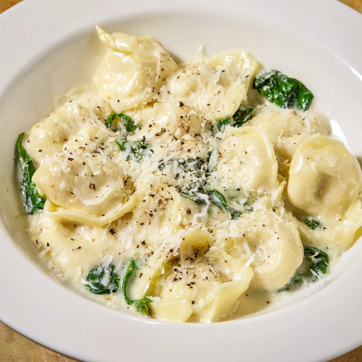 Delectable Creamy Spinach Alfredo Tortellini with vibrant spinach and rich Parmesan cheese, ready to enjoy.