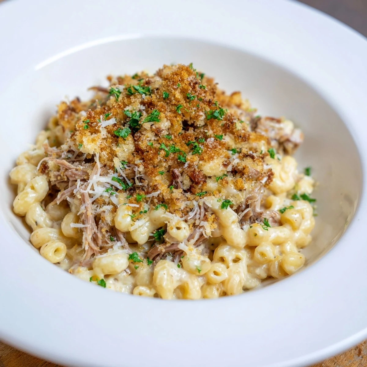 Savory Barbecue Pulled Pork Mac and Cheese, with bubbly cheese and crispy breadcrumb topping.