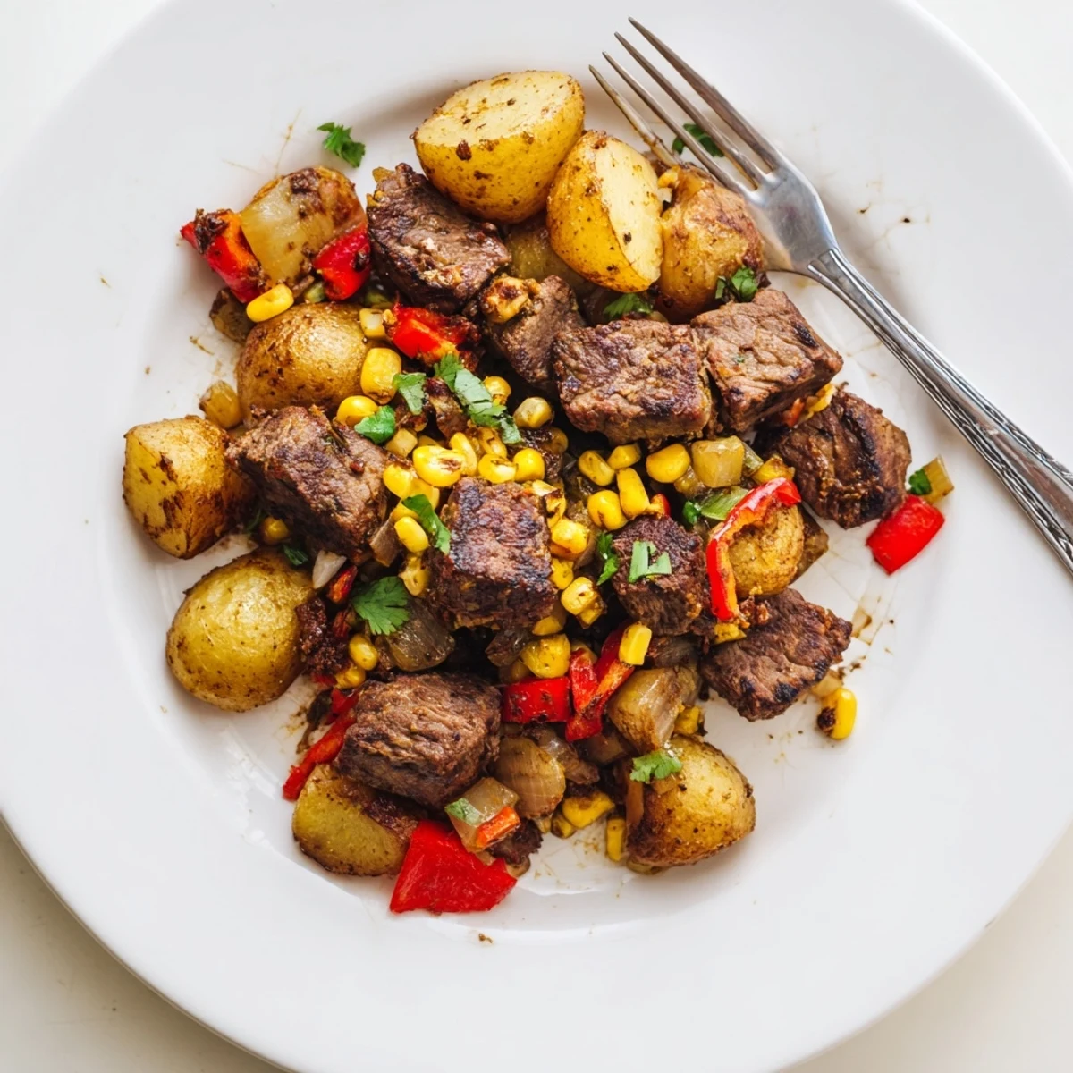 A close-up of a Southwest Steak & Potato Skillet, ready to serve with fresh cilantro and lime.