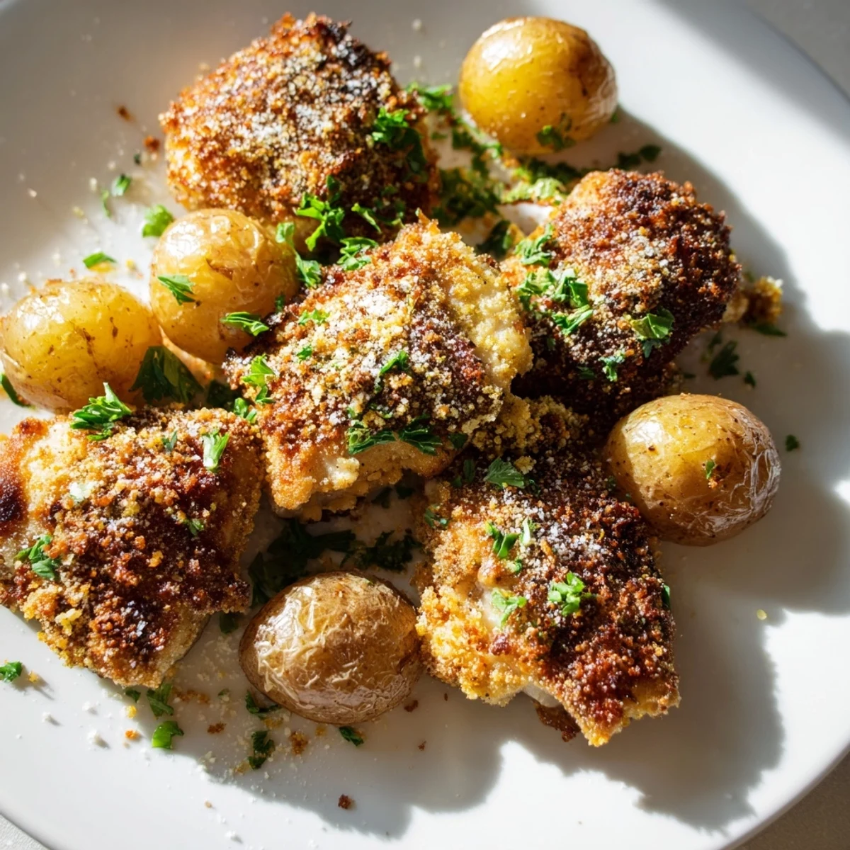 Golden, crispy Parmesan crusted chicken & potatoes, ready to enjoy with fresh parsley and lemon.